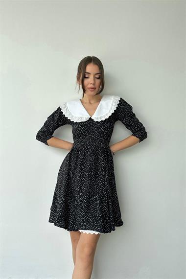 Toptan Siyah Puantiyeli Önlük Yaka Elbise