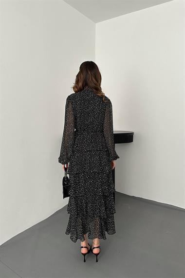 Toptan Siyah Puantiyeli Şifon Kat Elbise