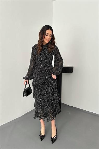 Toptan Siyah Puantiyeli Şifon Kat Elbise