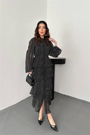 Toptan Siyah Puantiyeli Şifon Kat Elbise