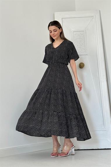 Toptan Siyah Puantiyeli Uzun Elbise