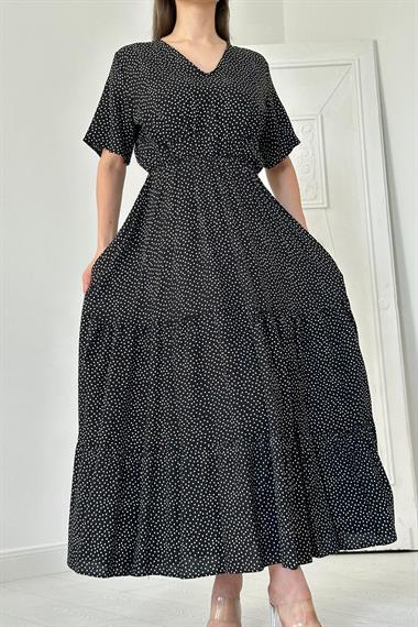 Toptan Siyah Puantiyeli Uzun Elbise