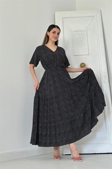 Toptan Siyah Puantiyeli Uzun Elbise