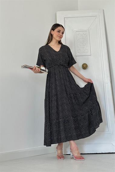 Toptan Siyah Puantiyeli Uzun Elbise