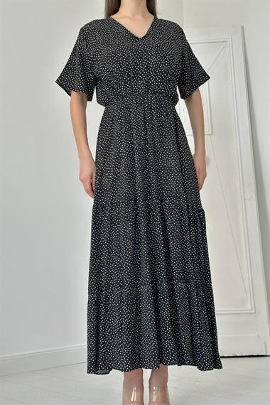 Toptan Siyah Puantiyeli Uzun Elbise