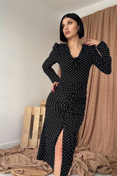 Toptan Siyah Puantiyeli V Yaka Güllü Elbise