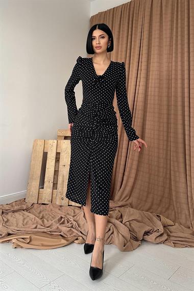 Toptan Siyah Puantiyeli V Yaka Güllü Elbise