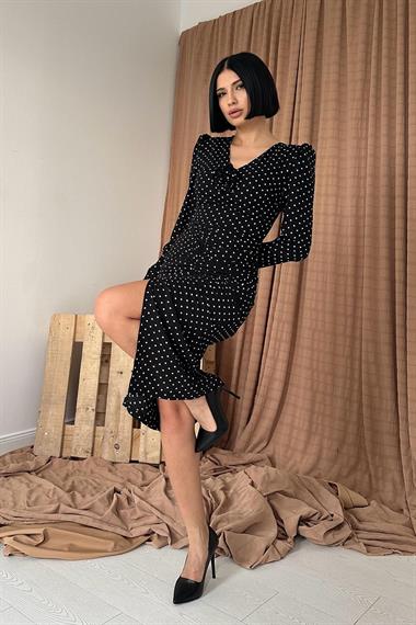Toptan Siyah Puantiyeli V Yaka Güllü Elbise
