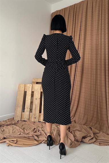 Toptan Siyah Puantiyeli V Yaka Güllü Elbise