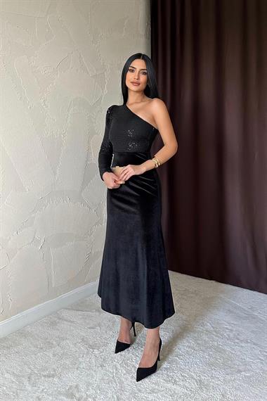 Toptan Siyah Pul Payetli Kadife Elbise