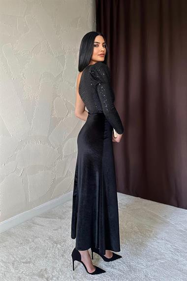 Toptan Siyah Pul Payetli Kadife Elbise