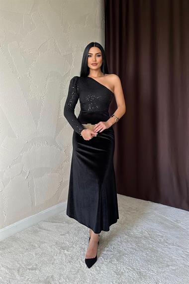 Toptan Siyah Pul Payetli Kadife Elbise