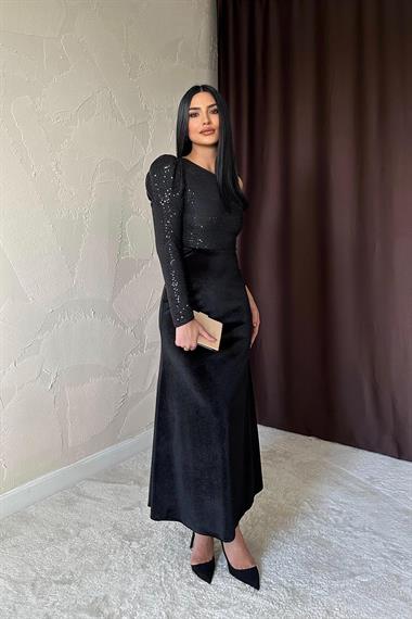 Toptan Siyah Pul Payetli Kadife Elbise