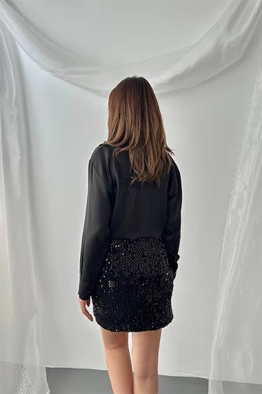 Toptan Siyah Pul Payetli Kısa Etek