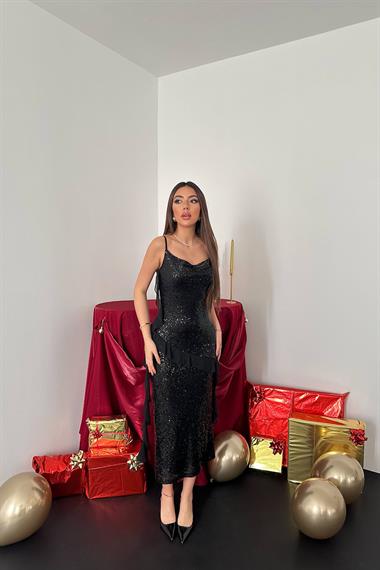 Toptan Siyah Pul Payetli Şifon Fırfırlı Elbise