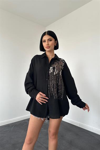 Toptan Siyah Pulpayet Nakışlı Bedensiz Gömlek