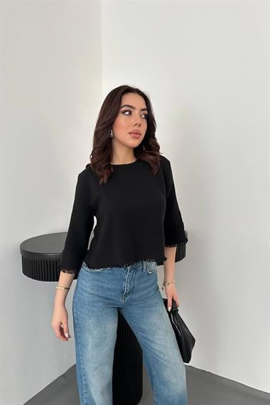 Toptan Siyah Püskül Detaylı Bluz