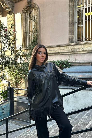 Toptan Siyah Püsküllü Deri Gömlek