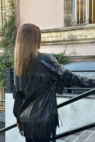 Toptan Siyah Püsküllü Deri Gömlek