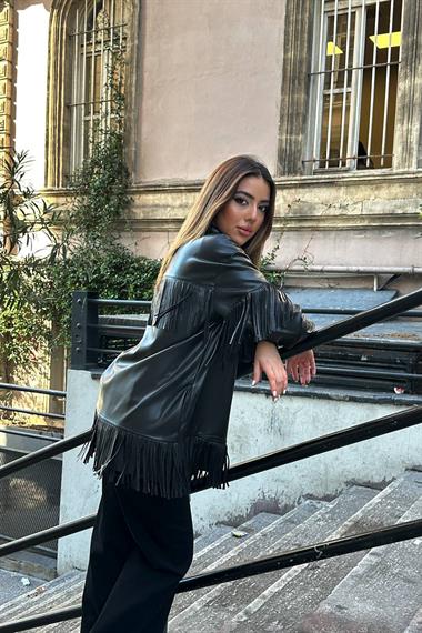 Toptan Siyah Püsküllü Deri Gömlek