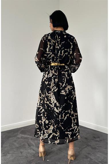 Toptan Siyah Reglan Kol Baskılı Elbise