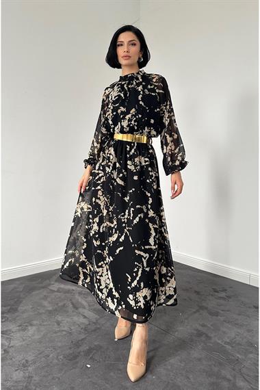 Toptan Siyah Reglan Kol Baskılı Elbise