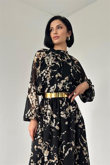 Toptan Siyah Reglan Kol Baskılı Elbise