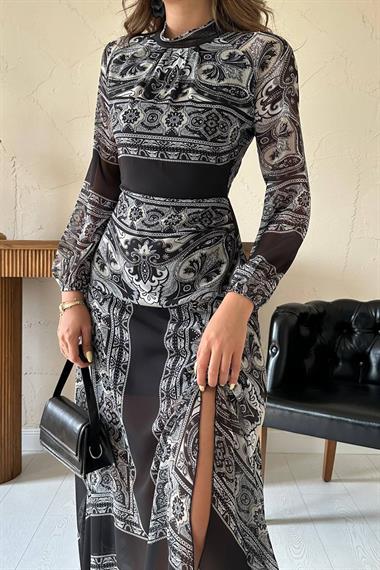 Toptan Siyah Reglan Kol Parçalı Baskılı Elbise