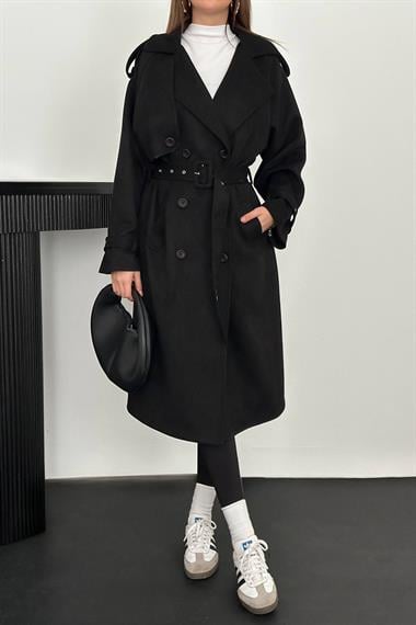 Toptan Siyah Reglan Kollu Süet Trençkot