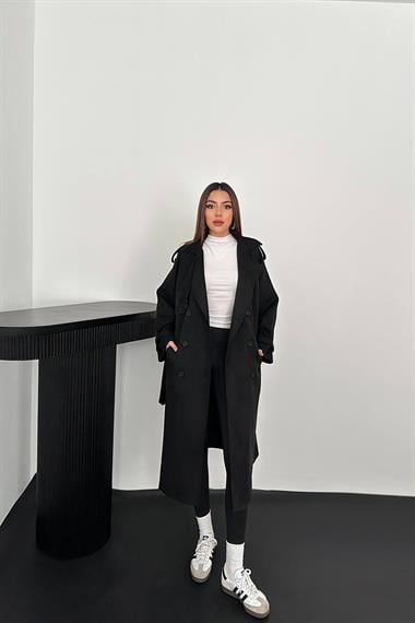 Toptan Siyah Reglan Kollu Süet Trençkot