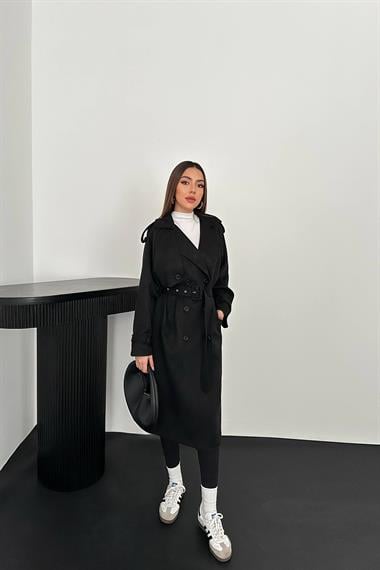 Toptan Siyah Reglan Kollu Süet Trençkot