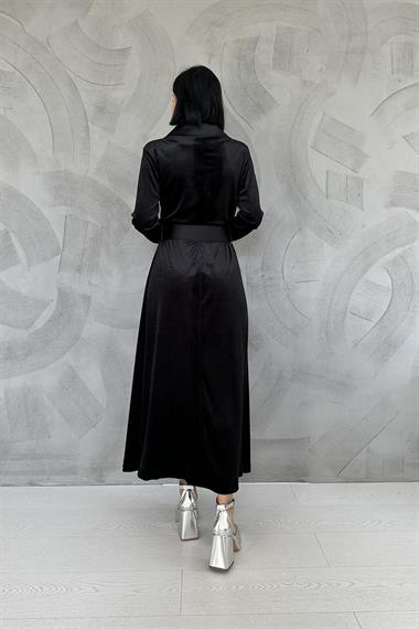 Toptan Siyah Şal Yaka Kemerli Elbise