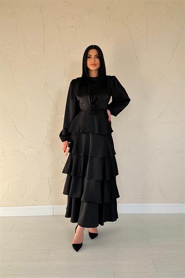 Toptan Siyah Saten Büzgülü Kat Kat Elbise