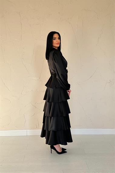 Toptan Siyah Saten Büzgülü Kat Kat Elbise