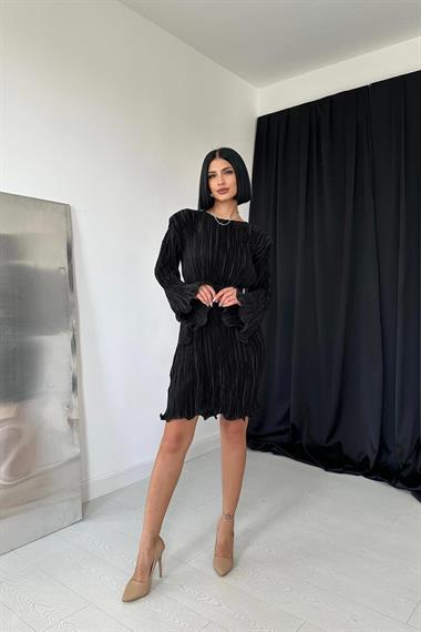 Toptan Siyah Saten Piliseli Elbise