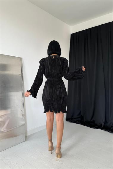 Toptan Siyah Saten Piliseli Elbise