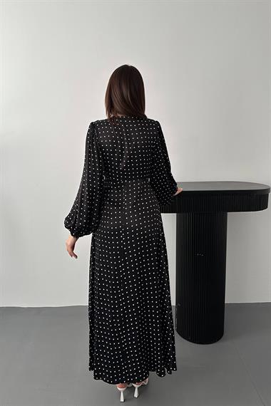 Toptan Siyah Saten Puantiyeli Dantel Detaylı Elbise