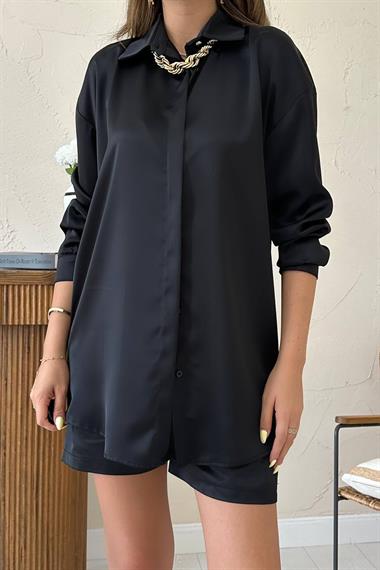 Toptan Siyah Saten Şortlu Takım