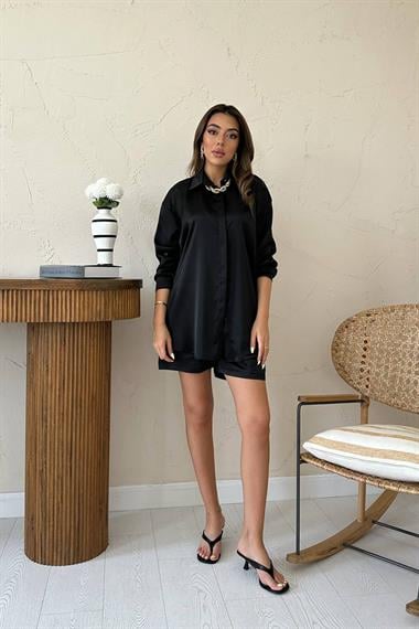 Toptan Siyah Saten Şortlu Takım