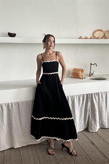 Toptan Siyah Şerit Detay Keten Elbise