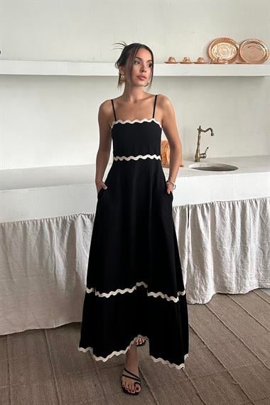 Toptan Siyah Şerit Detay Keten Elbise