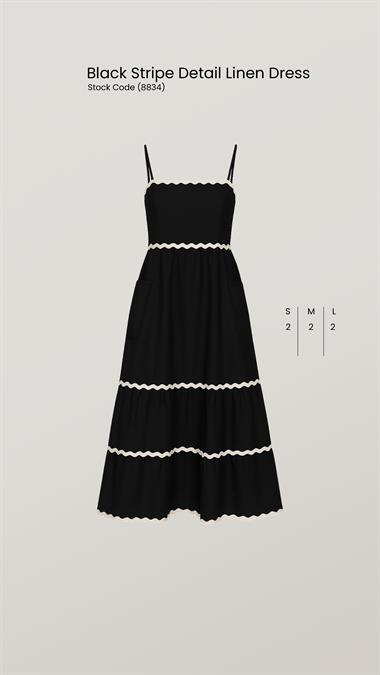 Toptan Siyah Şerit Detay Keten Elbise