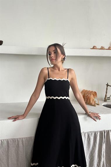 Toptan Siyah Şerit Detay Keten Elbise