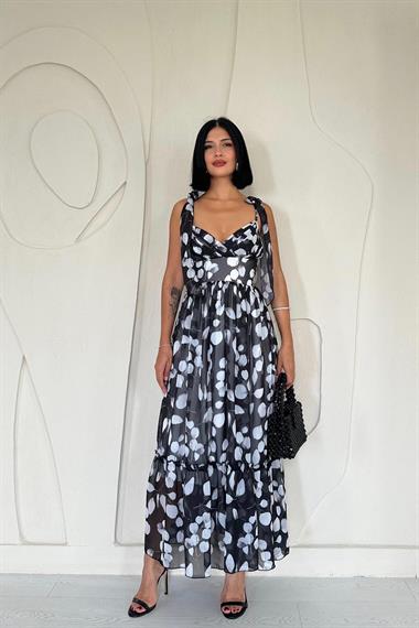 Toptan Siyah Şifon Drapeli Elbise