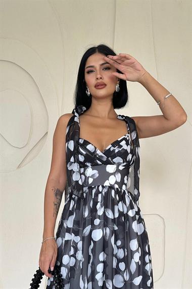 Toptan Siyah Şifon Drapeli Elbise