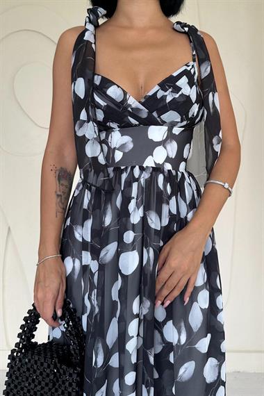 Toptan Siyah Şifon Drapeli Elbise