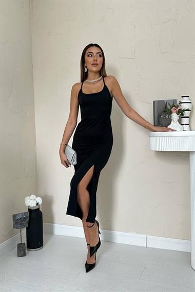 Toptan Siyah Sırt Dekolteli Elbise