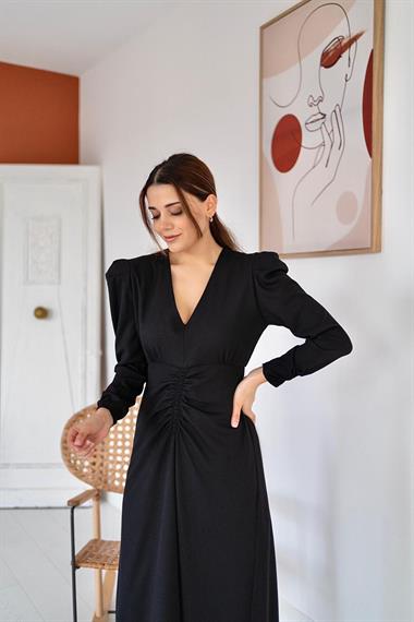 Toptan Siyah Sırt Dekolteli Elbise