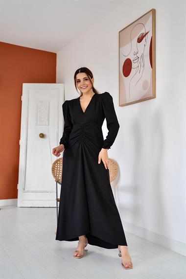 Toptan Siyah Sırt Dekolteli Elbise