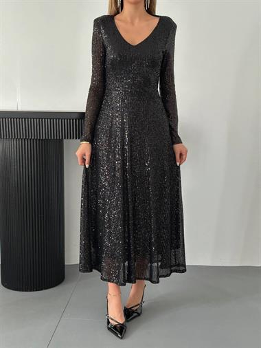 Toptan Siyah Sırt Dekolteli Pulpayet Elbise